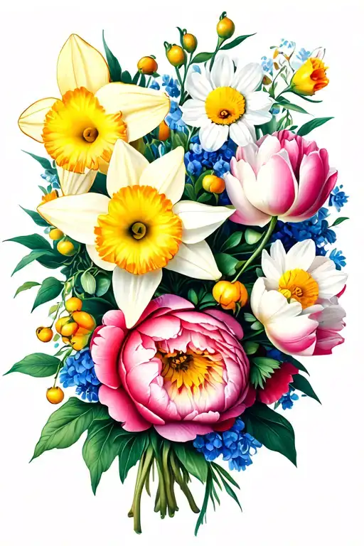 Daffodil, Daisy, hawthorn, tulip and peonies intertwined with bouquets tattoo design idea