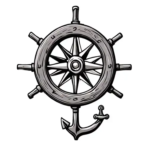 pirate ship wooden wheel made into a compass with an anchor below it tattoo design idea