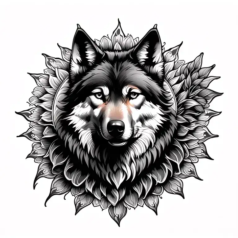 mic rap hip hop artist sun in mandala with wolf tattoo design idea