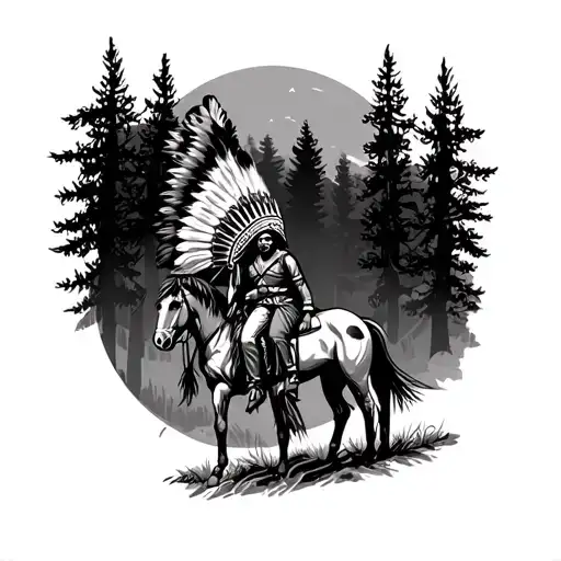 Apache Indian with headdress on a horse in a pine forest at night tattoo design idea