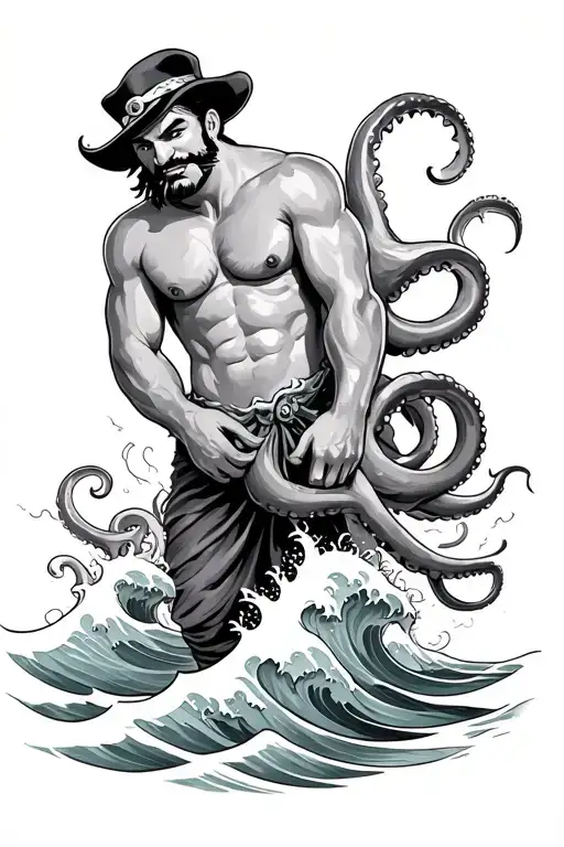 posiedon in popeye style, with a kraken and waves  tattoo design idea