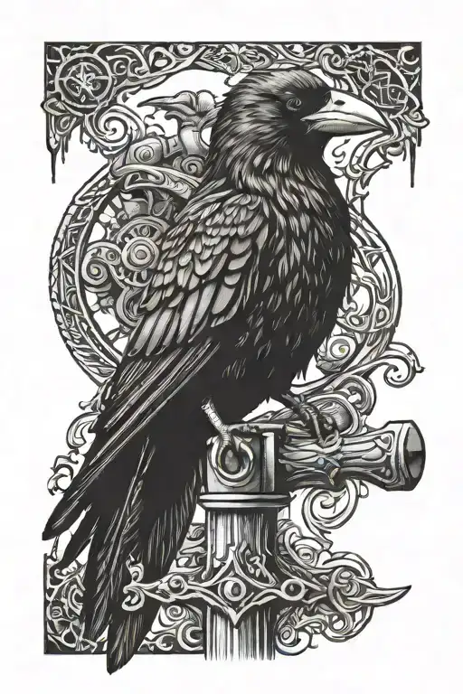 crow and mjolnir hammer tattoo design idea