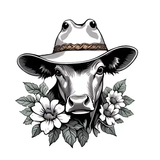 cow and frog with cowboy hat flowers tattoo design idea