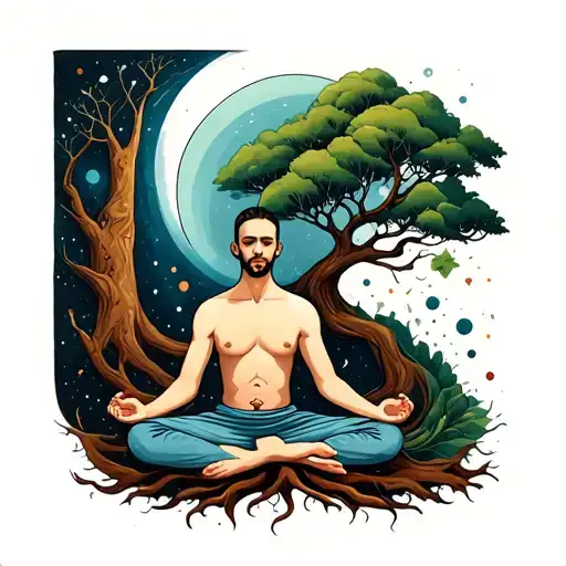 life begins with genes and DNA, forms up roots of a tree and a man is born doing meditation and its aura begin to form a tattoo design idea