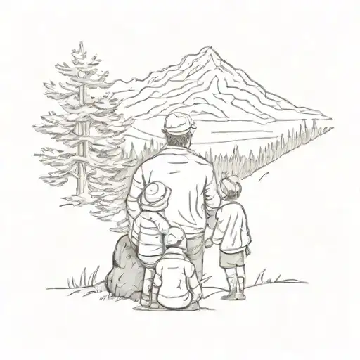 A man with a cap and beard and 3 children looks towards the mountain. There are fir trees next to the mountain. To the left of the mountain is an old oak tree. tattoo design idea