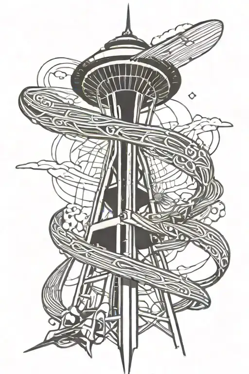 Seattle space needle on two vertical hockey sticks tattoo design idea