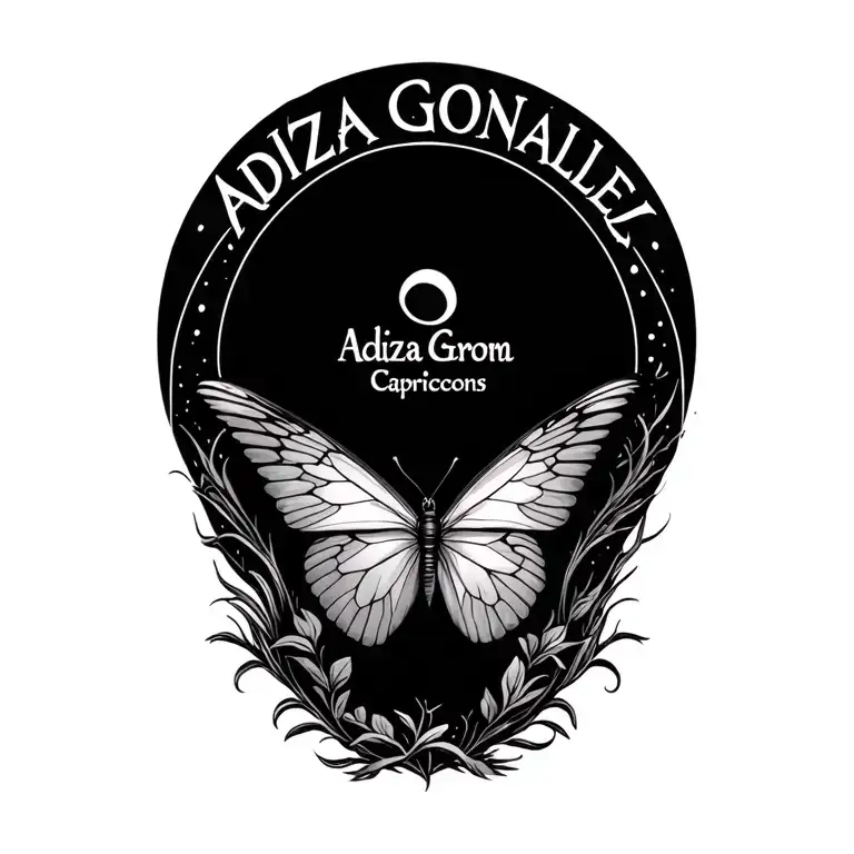 Semicolon butterfly tattoo with the name Adiza Gonzalez as the wings encased in a Capricorns over the outside tattoo design idea