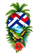 Puerto Rican flag, coqui frog, mountains, flamboyan tree, banana tree, amapola tattoo design idea