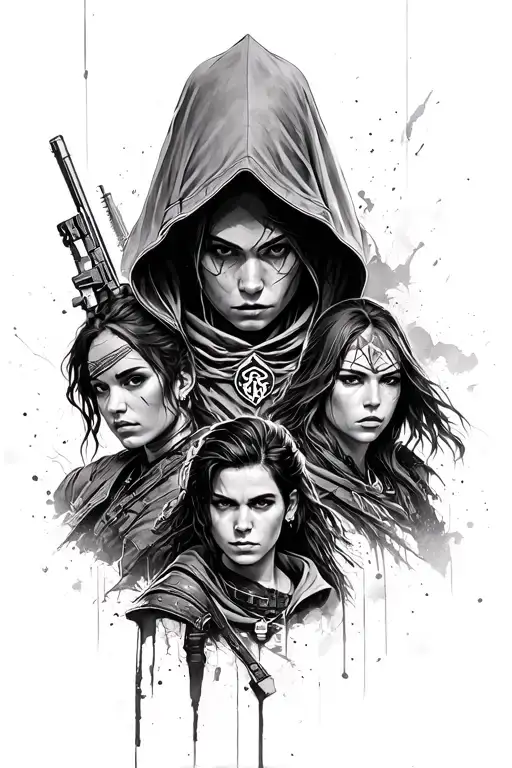 The picture should contain the main characters of the games Mafia 2, Far Cry 3, Lara Croft, Assassin's Creed tattoo design idea