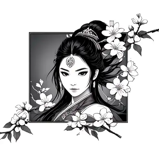 Mulan warrior with cherry blosssoms tattoo design idea