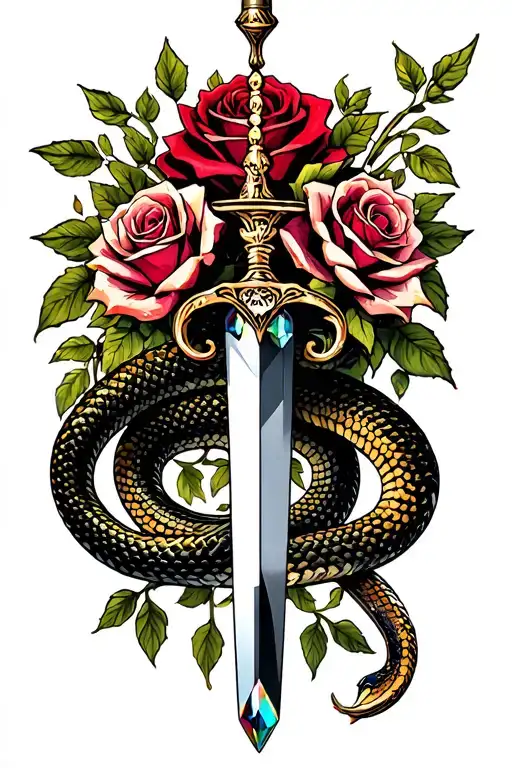 snake, dagger, roses, chandelier type 'gems' hanging background tattoo design idea