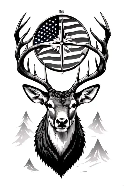 not all who wonder are lost compass, mountain stream, old u.s flag mule deer buck with drop tines tattoo design idea