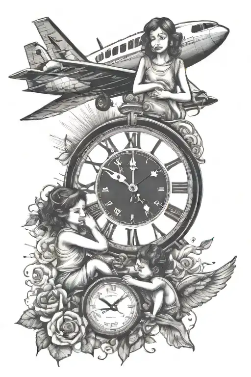 clock with a woman's hand holding two children's hands and a plane flying overhead tattoo design idea