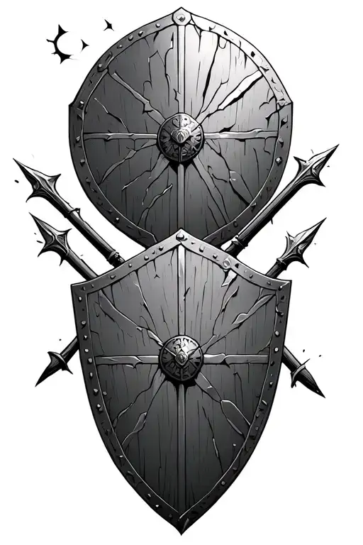ancient battle field landscape; no people showing; broken spears; Broken shields tattoo design idea