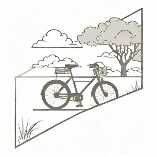 bicycle next to the bench, tree behind it, cloud in the background tattoo design idea