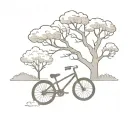 bicycle next to the bench, tree behind it, cloud in the background tattoo design idea