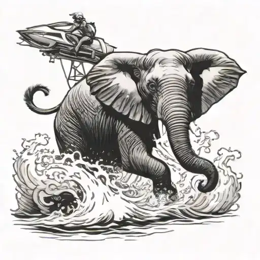 A highly detailed black and white tattoo design of a realistic elephant riding a jet ski. The elephant should have intri tattoo design idea