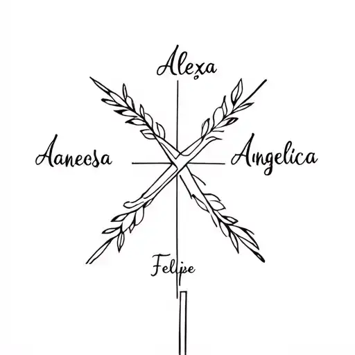 A cross with Vanessa Alexa Angelica and Felipe names Inside tattoo design idea