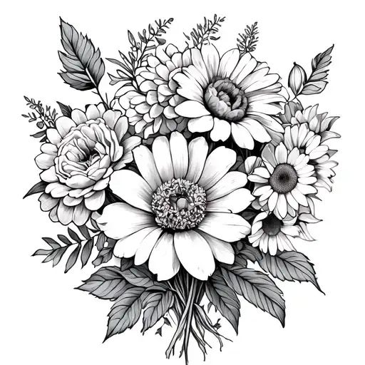 Line art tattoo of birth flower rose, peony, chrysanthemum, sweet honeysuckle, daisy and a sweet pea bouquet tied into a tattoo design idea