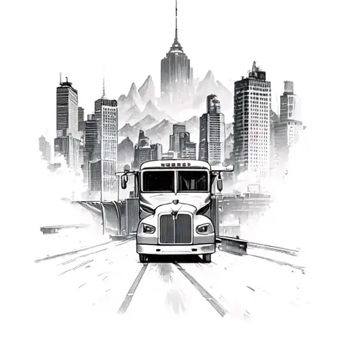 skyscrapers and Mountians for back ground and bald egal around it landing on a bus   tattoo design idea