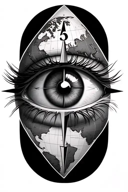 eye with world map with a compass tattoo design idea