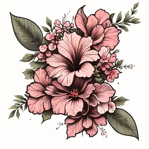 forearm cherry blossom, hibiscus, acacia flower, geranium, azalea flower, cyclamen, poinsettia and stock tattoo design idea