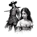 main character of Don Quixote and an illustration of a girl from the book Les Misérables tattoo design idea