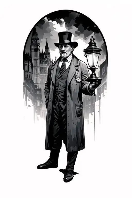 1800s street of london city scape, plauge doctor holding lamp  tattoo design idea