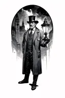 1800s street of london city scape, plauge doctor holding lamp  tattoo design idea