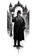 1800s street of london city scape, plauge doctor holding lamp  tattoo design idea