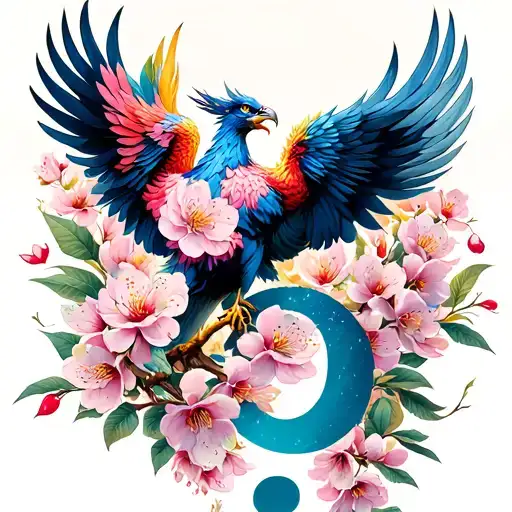 Cherry blossom with a phoenix and semicolon inside tattoo design idea