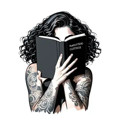 I want an outline of a womans body facing forward and holding a book in front of her face. medium length curly hair tattoo design idea