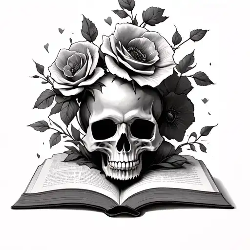 a skull falling downards out of an open book poppies and roses should.be growing out of the skull tattoo design idea