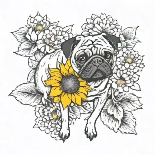 Black pug with sunflower surrounded tattoo design idea