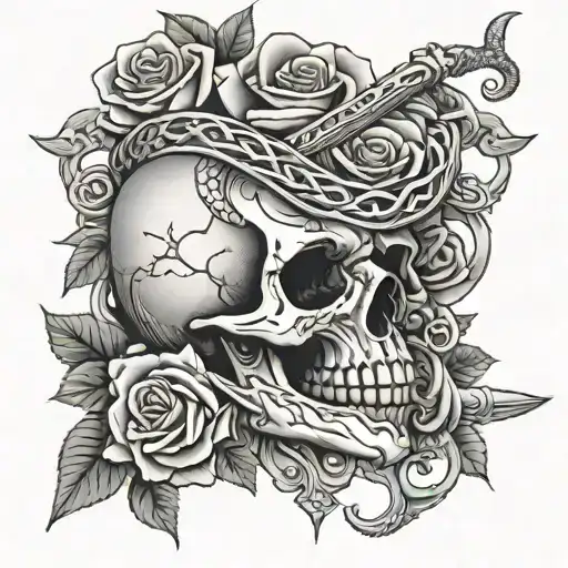 sword piercing a skull with roses and a snake wrapped around it  tattoo design idea
