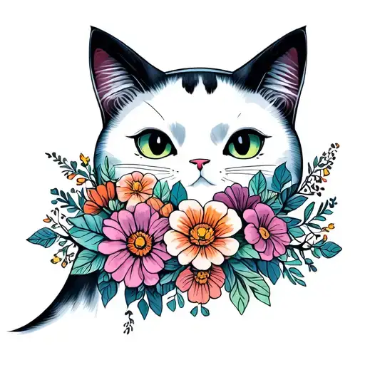 sheet ghost cat filled with flowers blooming tattoo design idea