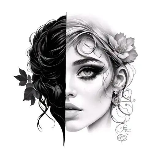 ✅ Left arm✅ Continuous sleeve, black & grey realism✅ Dark tone, heavy shadows✅ Elements — half-shadowed woman’s eye  tattoo design idea