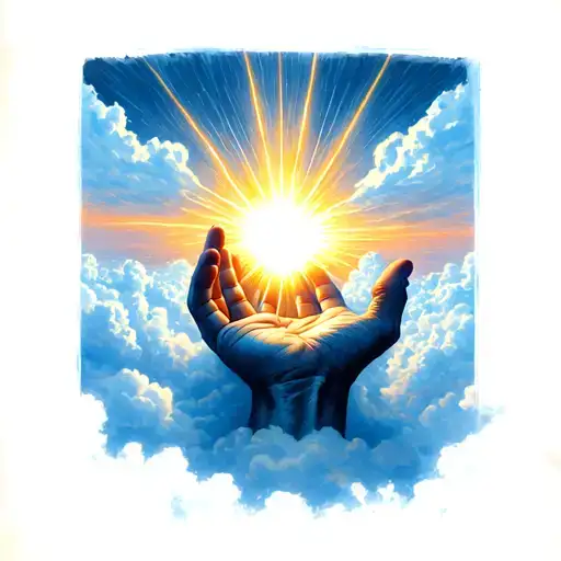 A hand (God-like) reaching from clouds creating the first ray of light, emerging from darkness. tattoo design idea