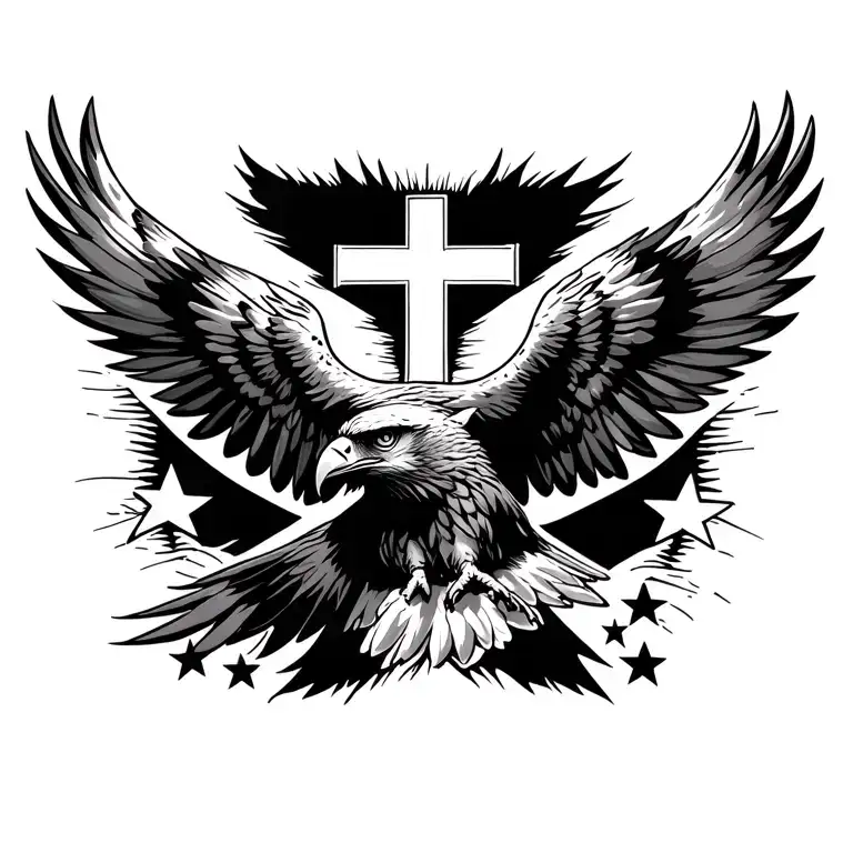 a big hawk flying a cross in the middle and some russian mafia stars tattoo design idea