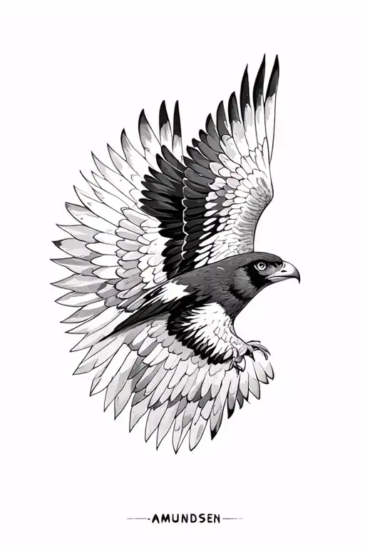 one wing of a falcon with an abstract black and white pattern inside. under the falcon write amundsen inside a banter tattoo design idea