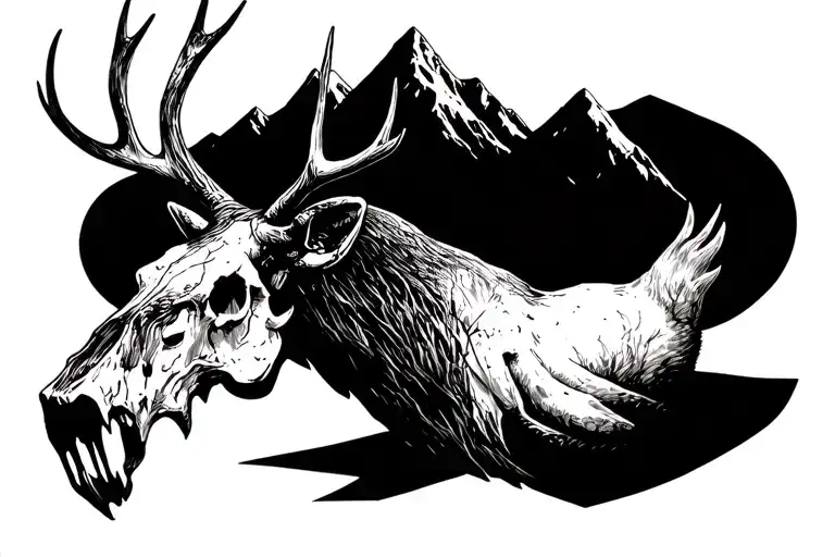elk skull mountain tattoo design idea