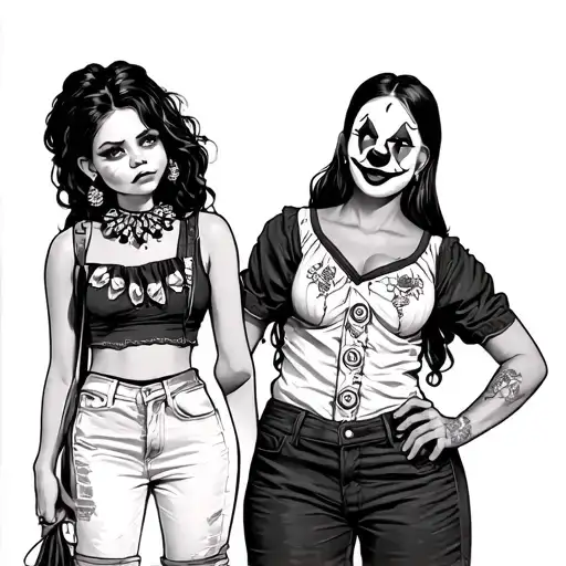 sad chicana chola girl next to clown chicana chola standing and cross body dap up tattoo design idea