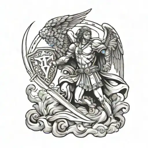 St Michael guardian angel kneeling with shield slammed into ground with sword  tattoo design idea