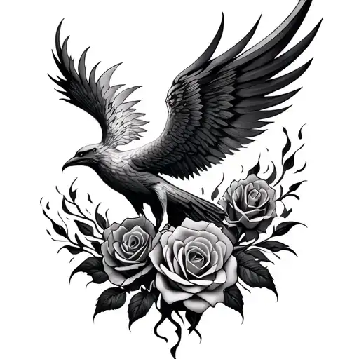 Firebird Phoenix rising and burnt roses  tattoo design idea