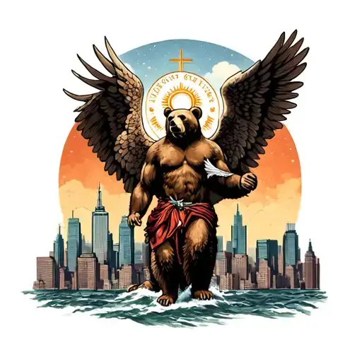saint michael and bear and NYC skyline tattoo design idea
