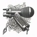 A detailed blackwork tattoo of a vintage microphone intertwined with musical notes and hair cutting shears tattoo design idea