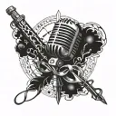 A detailed blackwork tattoo of a vintage microphone intertwined with musical notes and hair cutting shears tattoo design idea