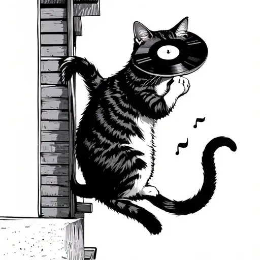 minimalist cat climbing to balcony to reach vinyl record spinning. sound coming from the record tattoo design idea