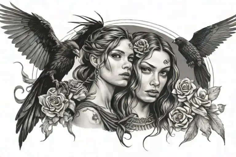 girl and raven, seer, speed, success, angel, snake, spider tattoo design idea