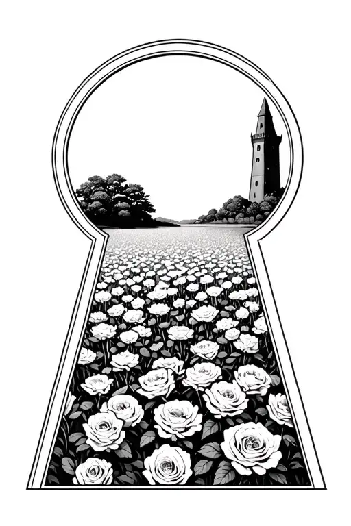 "Go then, there are other world" A door the shape of a Keyhole revealing within a field of hundreds (many) roses.  In the distance a tall dark tower tattoo design idea